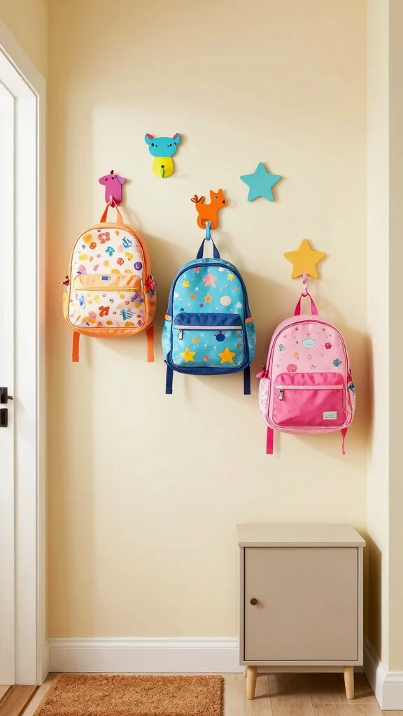 10 Ways to Store Kids' Backpacks in the Entryway for a Tidy Family Space - 1. Colorful Wall Hooks for Fun Storage 1