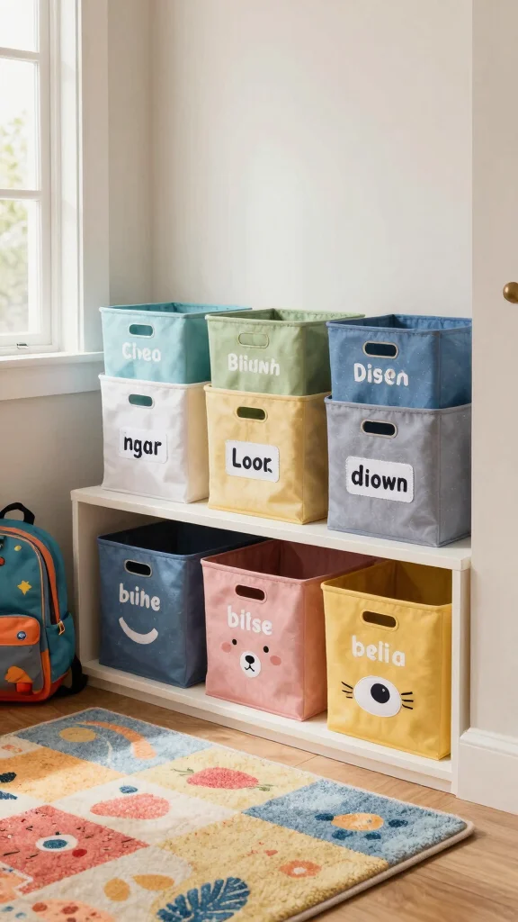 10 Ways to Store Kids' Backpacks in the Entryway for a Tidy Family Space - 2. Storage Bins with Personalized Labels 1