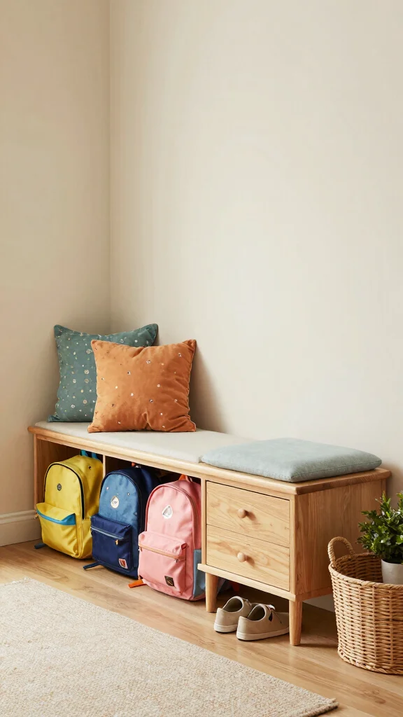 10 Ways to Store Kids' Backpacks in the Entryway for a Tidy Family Space - 3. Bench with Built-in Backpack Storage 1