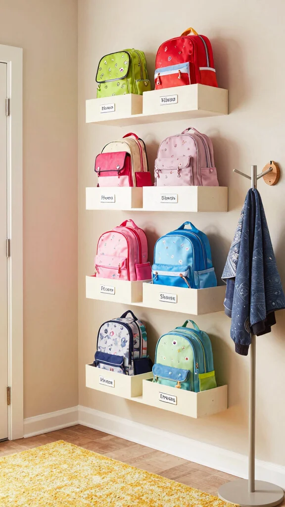 10 Ways to Store Kids' Backpacks in the Entryway for a Tidy Family Space - 6. Wall-Mounted Shelves with Baskets 1
