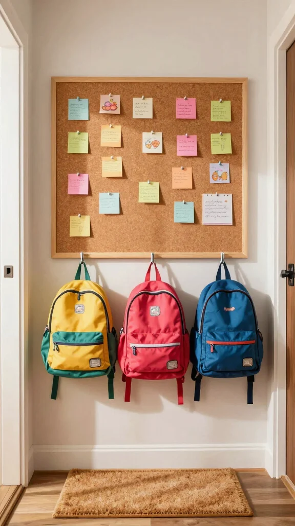 10 Ways to Store Kids' Backpacks in the Entryway for a Tidy Family Space - 7. Corkboard for Reminders and Bag Storage 1