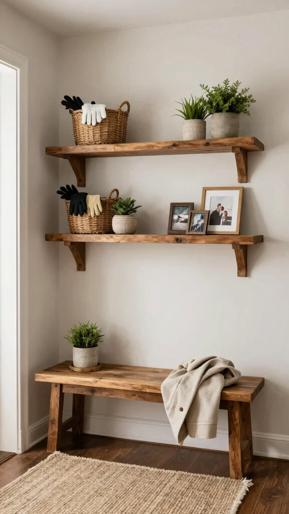11 Entryway Coat Storage Ideas That Keep Every Jacket Tidy and Accessible - 3. Decorative Wall Shelves 1