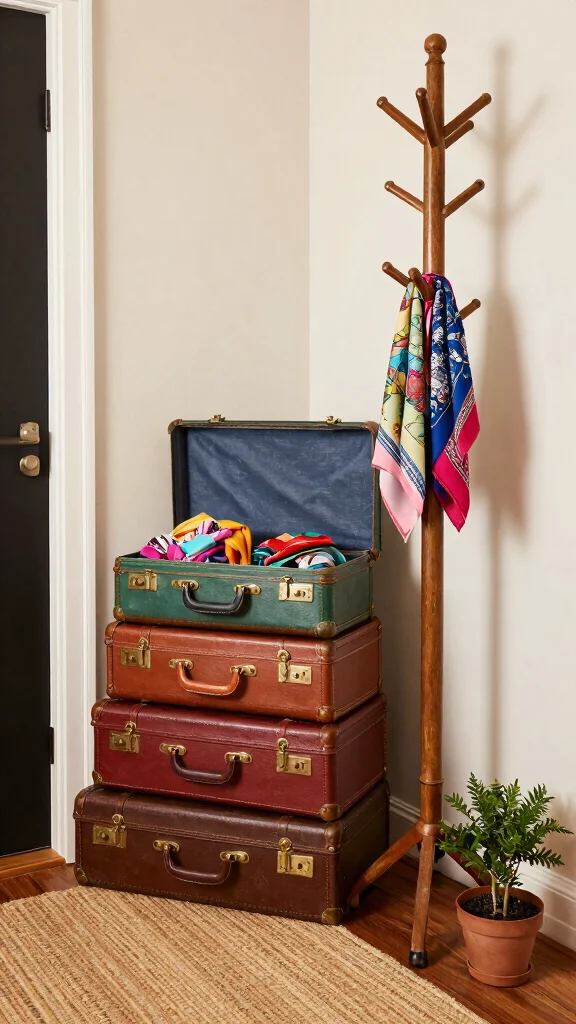 11 Entryway Coat Storage Ideas That Keep Every Jacket Tidy and Accessible - 5. Vintage Suitcases 1