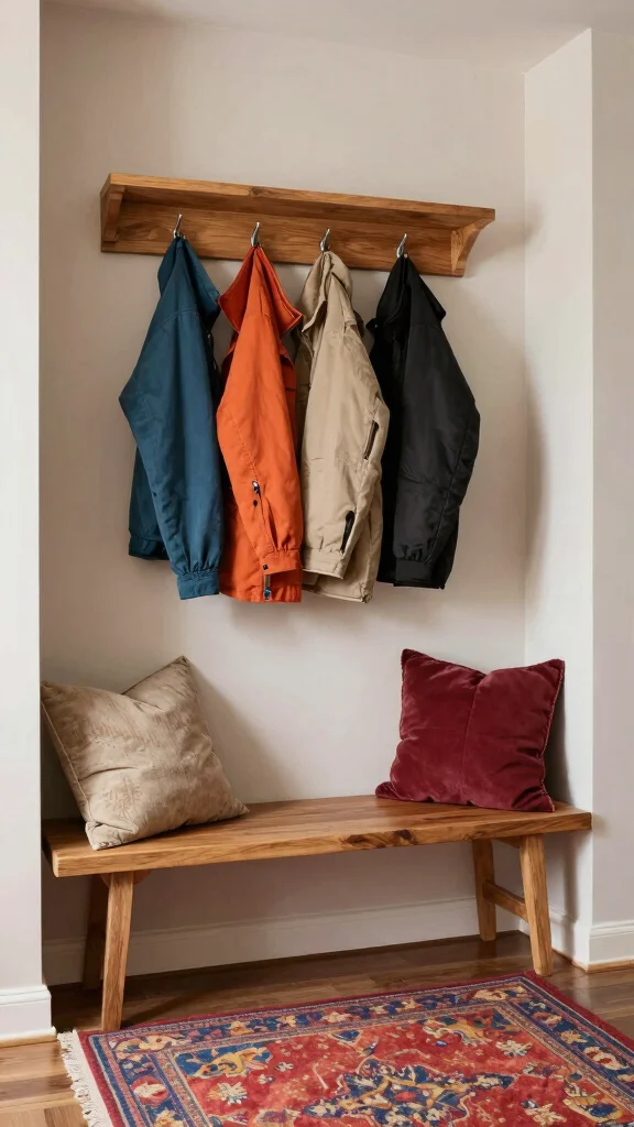 11 Entryway Coat Storage Ideas That Keep Every Jacket Tidy and Accessible - 8. Hooks and Bench Combo 1