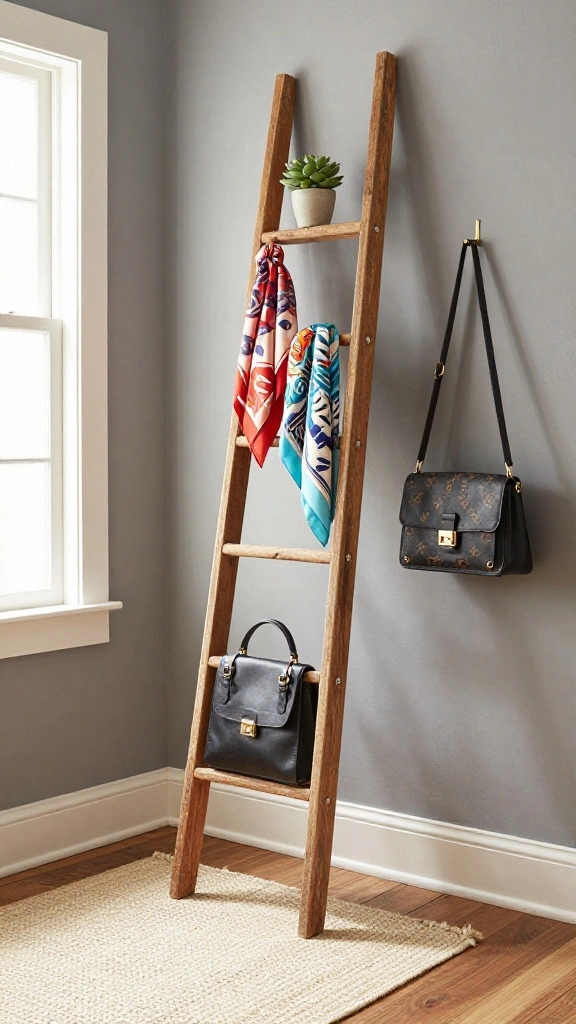 11 Entryway Ideas Without a Closet That Still Look Polished and Organised - 1. Use a Decorative Ladder 1