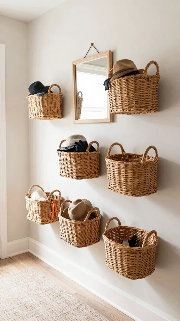 11 Entryway Ideas Without a Closet That Still Look Polished and Organised - 5. Floating Baskets 1