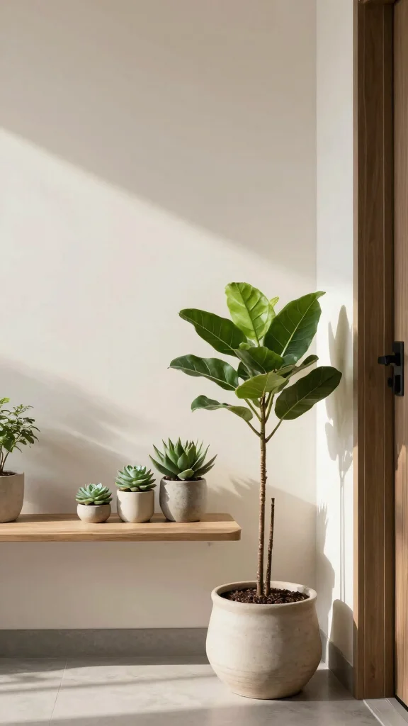 11 Entryway Ideas Without a Closet That Still Look Polished and Organised - 9. Minimalist Plant Display 1