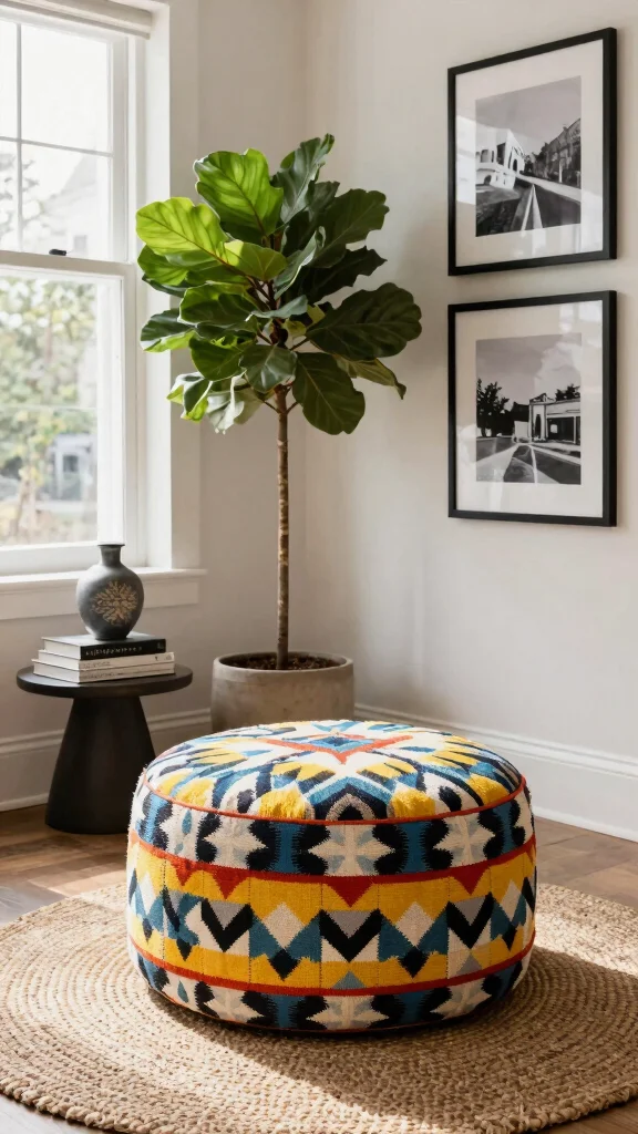 11 Entryway Ottoman Concepts for a Comfortable Flexible Seating Solution - 3. Round Ottoman Charm 1