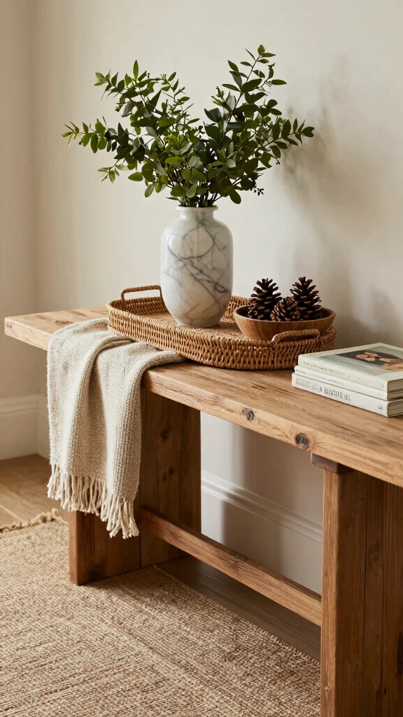 11 Entryway Table Styling Ideas for a Layered Curated Display - 1. Layered Textures with Natural Elements 1