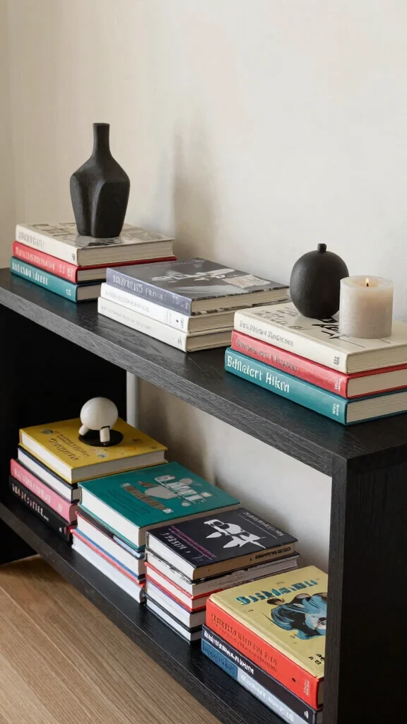 11 Entryway Table Styling Ideas for a Layered Curated Display - 10. Colorful Books as Decor 1