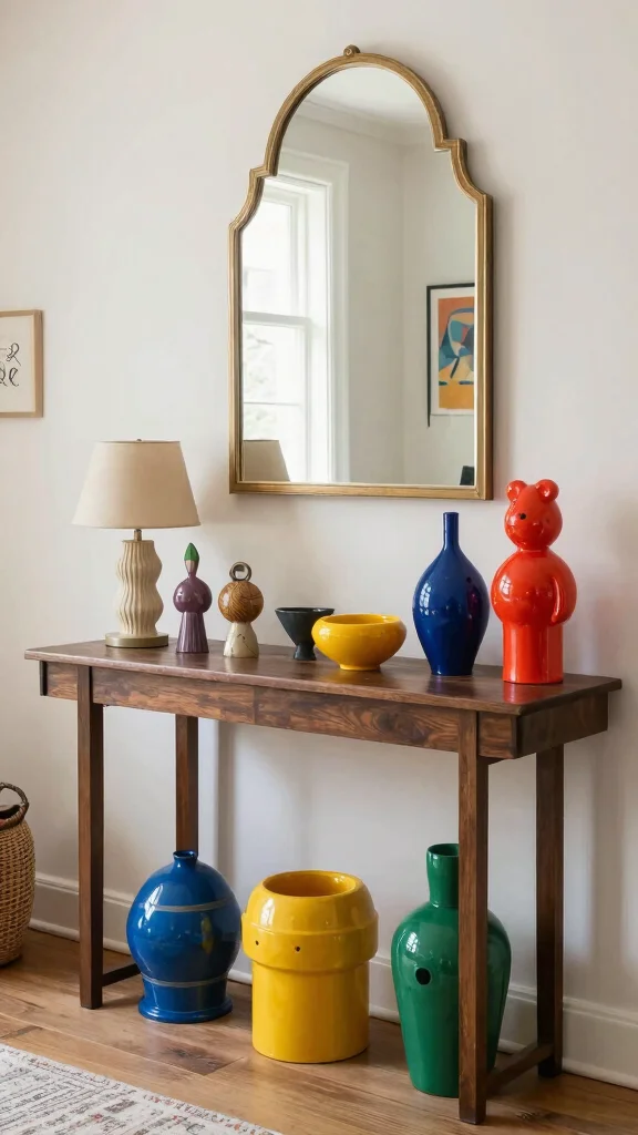 11 Entryway Table Styling Ideas for a Layered Curated Display - 11. Playful Accessories for Personality 1