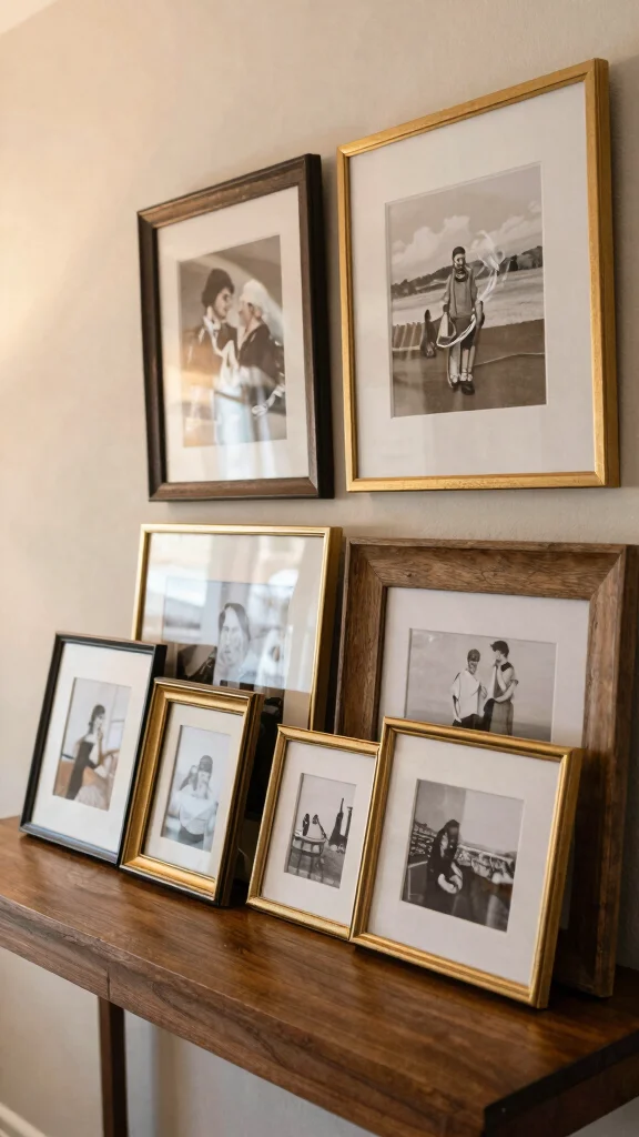 11 Entryway Table Styling Ideas for a Layered Curated Display - 4. Fun with Findable Frames 1