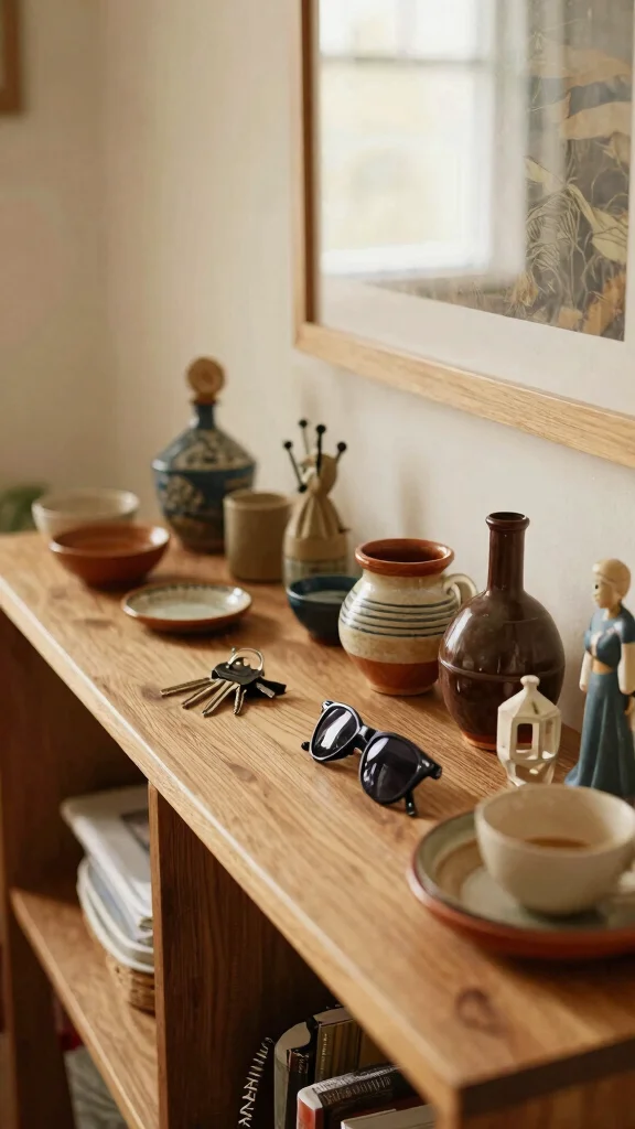11 Entryway Table Styling Ideas for a Layered Curated Display - 7. Personal Touches with Travel Finds 1