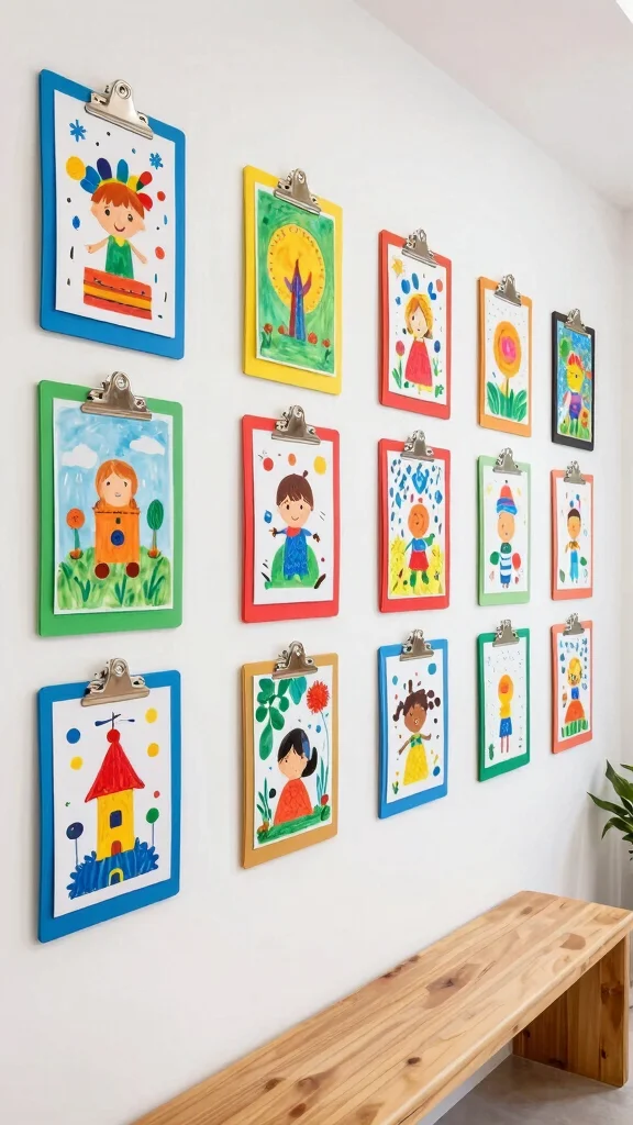 11 Hallway Kids Art Display Ideas for a Cheerful Personal Wall - 3. Art Clipboards for Easy Swapping 1