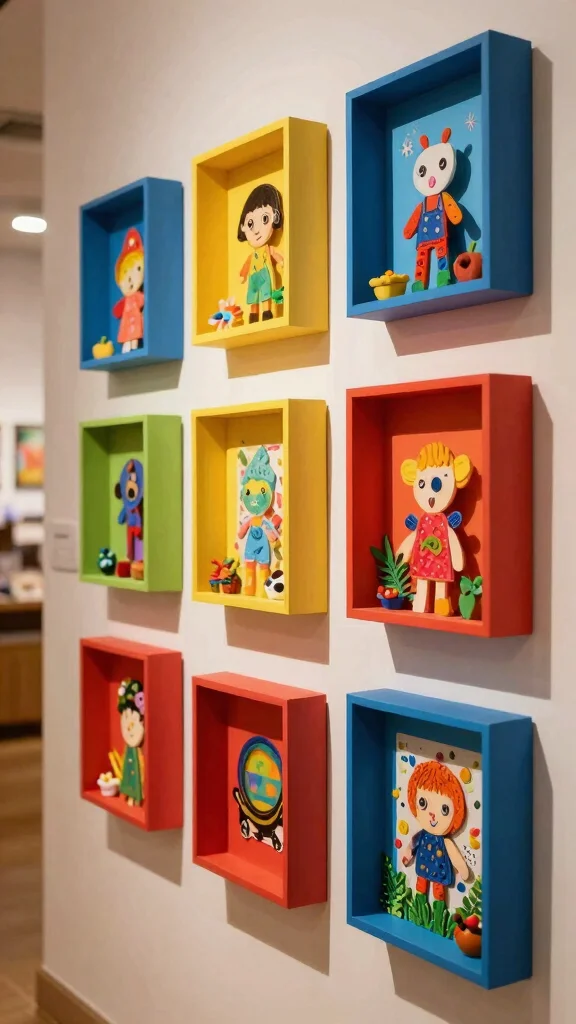 11 Hallway Kids Art Display Ideas for a Cheerful Personal Wall - 4. Shadow Boxes for 3D Art 1