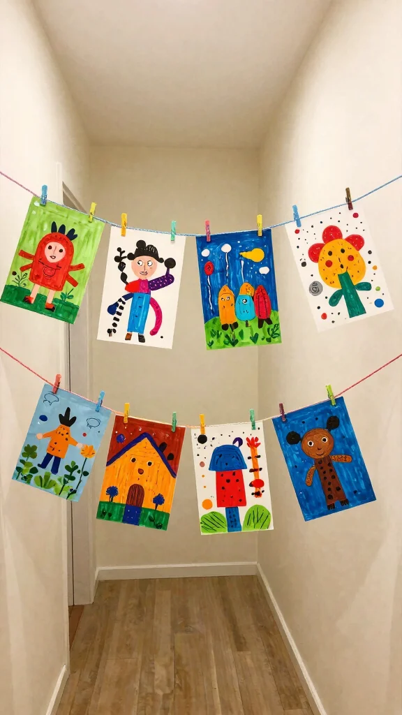 11 Hallway Kids Art Display Ideas for a Cheerful Personal Wall - 9. Clothesline Art Display 1