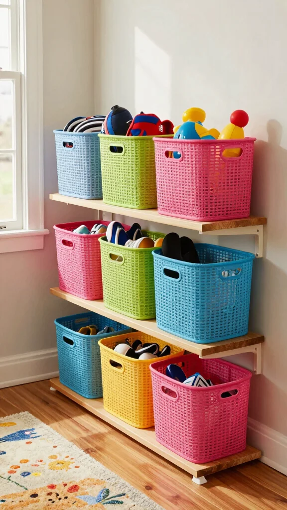 11 Hallway Kids Organization Ideas for a Tidy Family-Friendly Entrance - 1. Colorful Baskets for Quick Grab-and-Go Storage 1