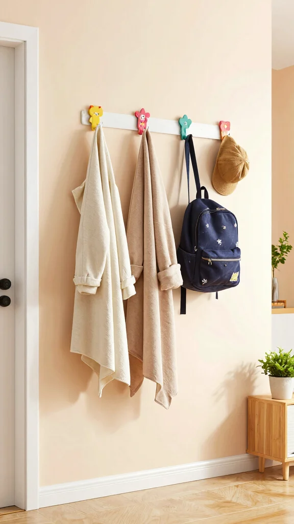 11 Hallway Kids Organization Ideas for a Tidy Family-Friendly Entrance - 2. Wall-Mounted Hooks for Coats and Bags 1