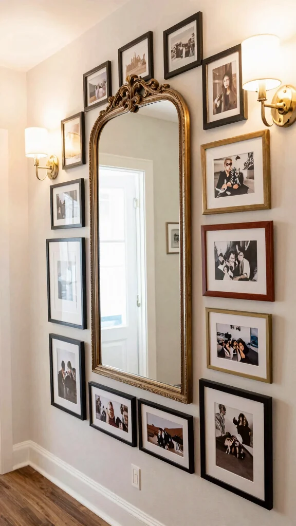 11 Hallway Picture Display Ideas for a Styled Personal Wall - 11. Layer Art with Mirrors for Depth 1