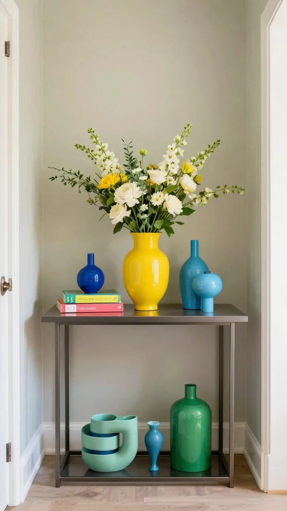 11 Hallway Table Styling Ideas for a Layered Curated Entrance Display - 8. Play with Color 1