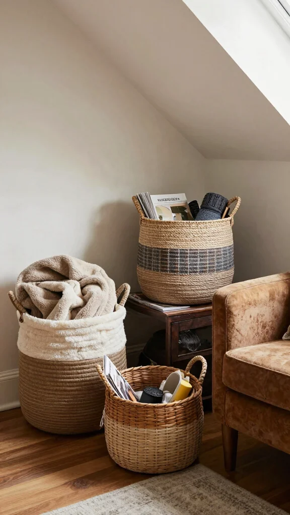 12 Attic Bedroom Storage Ideas That Work With Every Sloped Ceiling - 8. Decorative Baskets 1