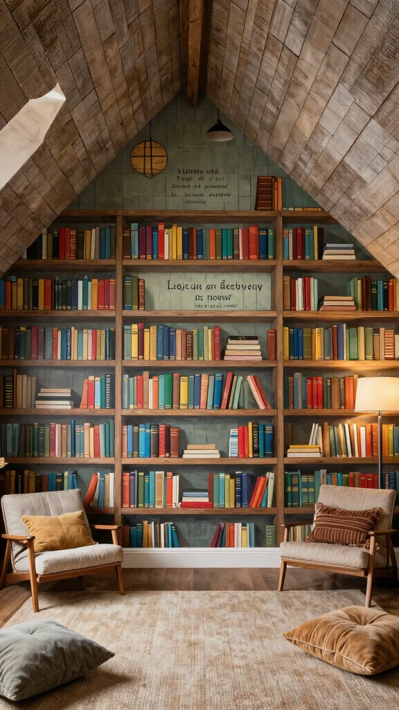12 Attic Library Concepts for a Bookworm's Dream Top-Floor Reading Retreat - 10. Artistic Wall Treatments 1