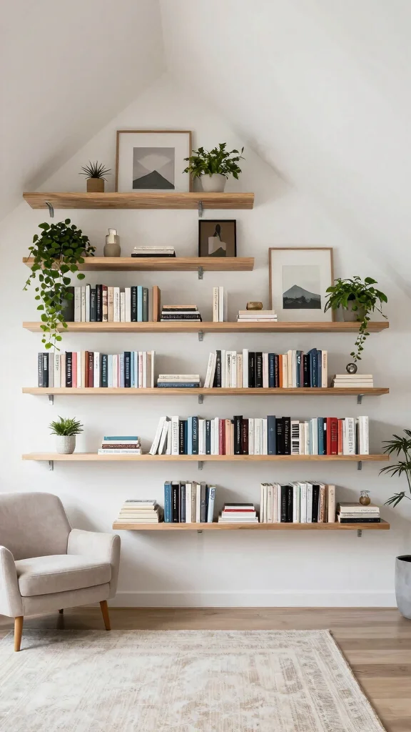 12 Attic Library Concepts for a Bookworm's Dream Top-Floor Reading Retreat - 5. Floating Shelves for Space Efficiency 1