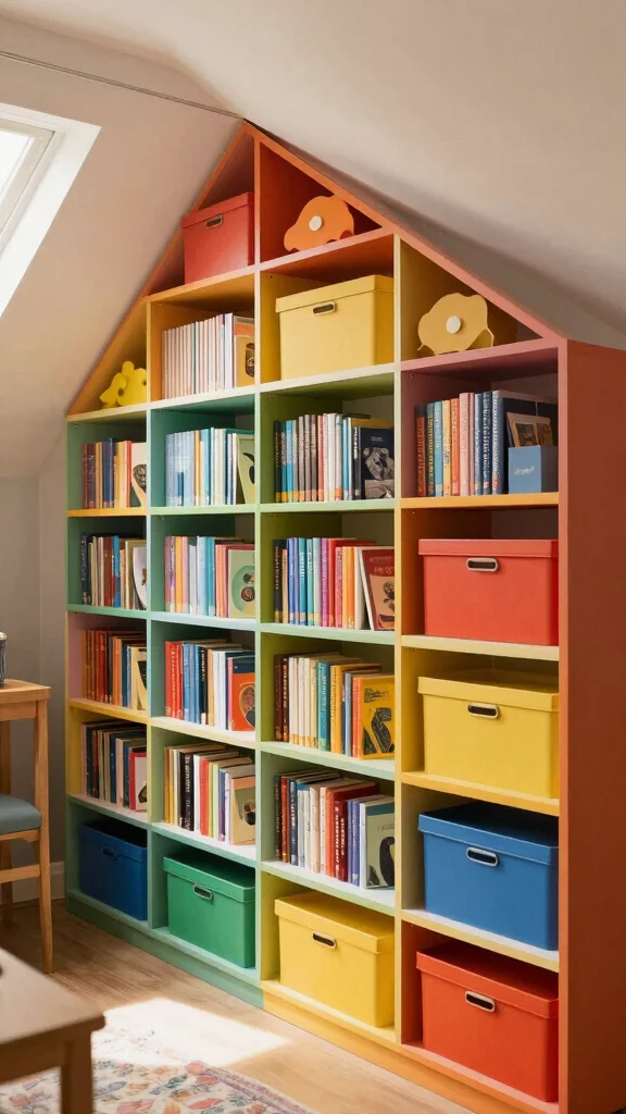 12 Attic Library Concepts for a Bookworm's Dream Top-Floor Reading Retreat - 6. Colorful Book Storage Solutions 1