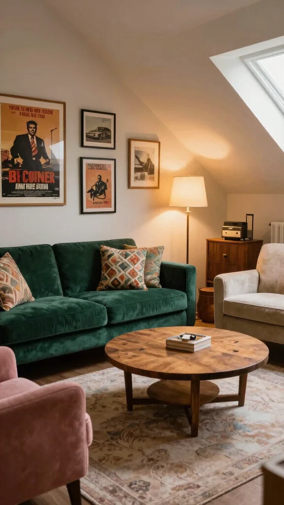 12 Attic Media Room Ideas for a Sleek Immersive Entertainment Space - 1. Vintage-Inspired Seating Arrangements 1