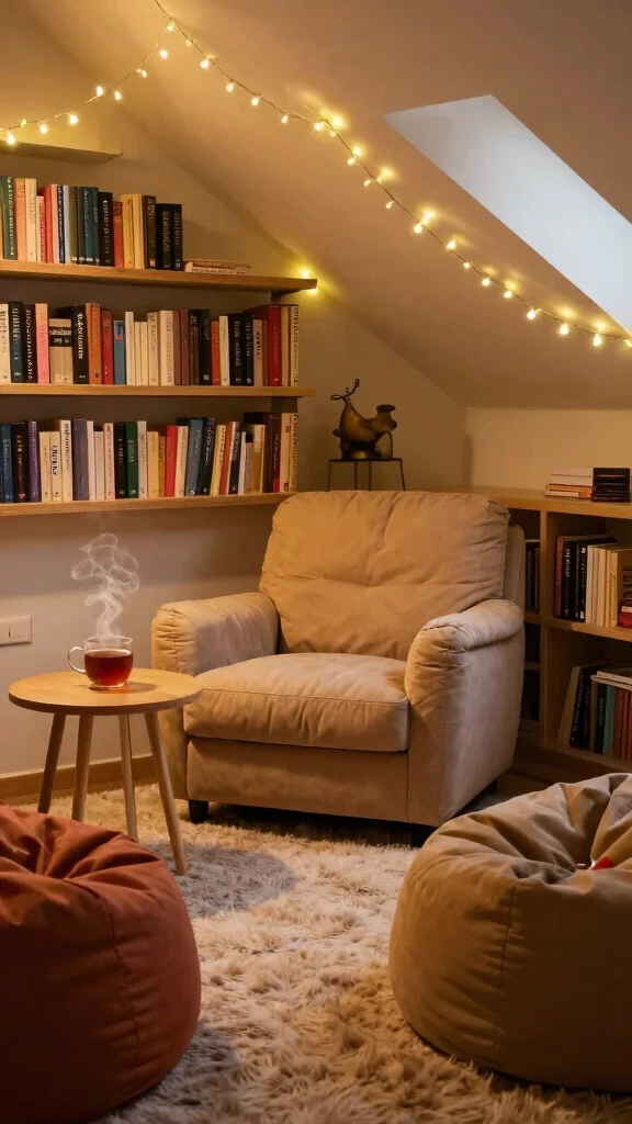 12 Attic Media Room Ideas for a Sleek Immersive Entertainment Space - 2. Cozy Nooks for Reading and Gaming 1