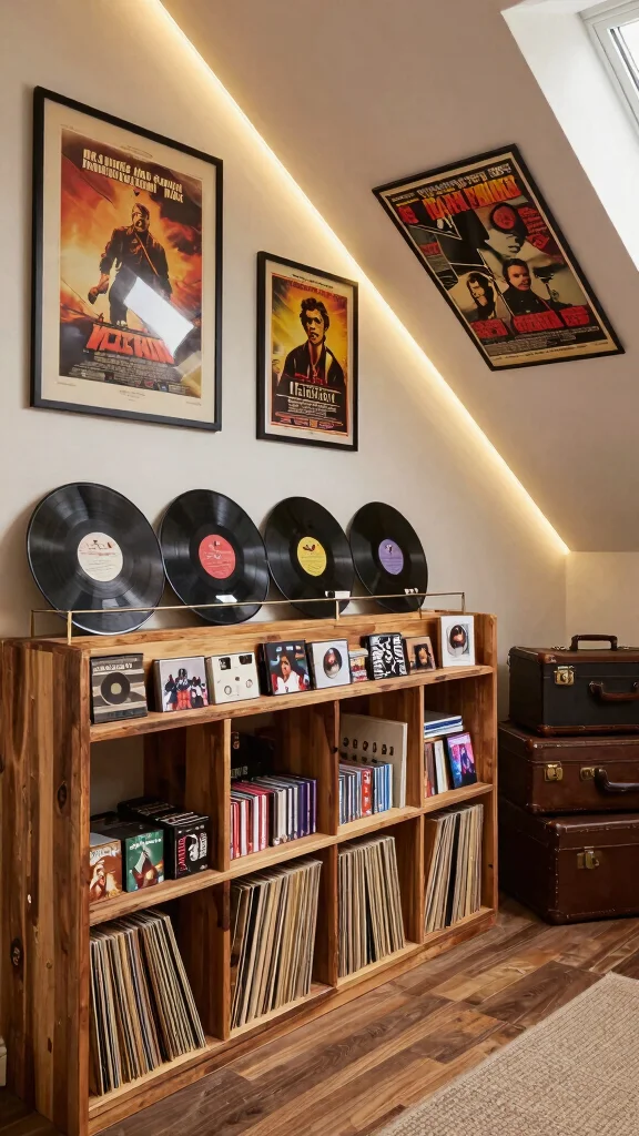 12 Attic Media Room Ideas for a Sleek Immersive Entertainment Space - 4. Vintage Movie and Music Collections Display 1