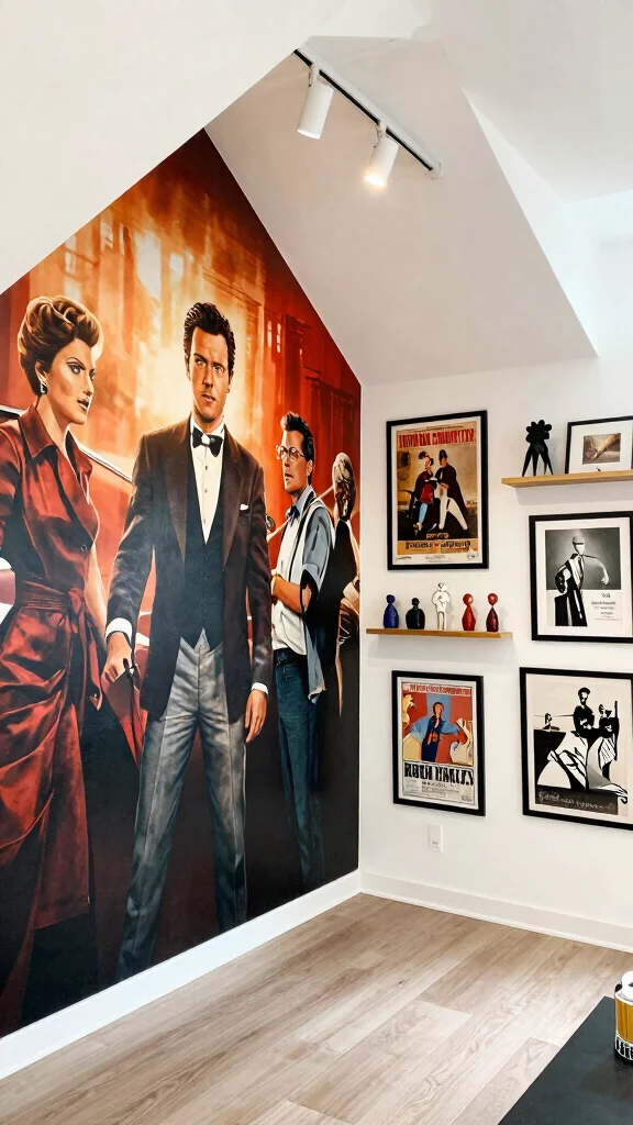 12 Attic Media Room Ideas for a Sleek Immersive Entertainment Space - 5. Artistic Wall Decor and Murals 1