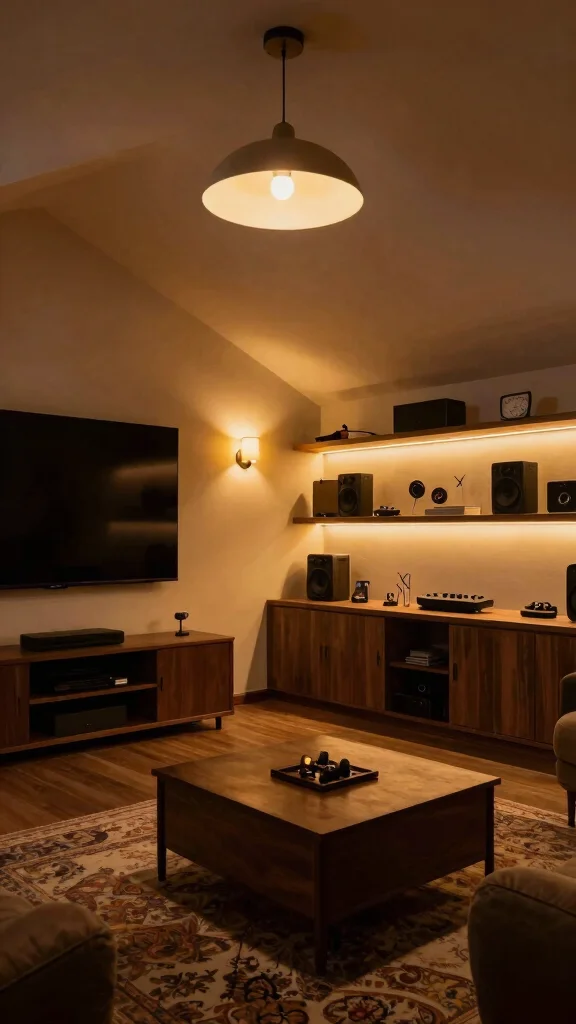 12 Attic Media Room Ideas for a Sleek Immersive Entertainment Space - 7. Creative Lighting Solutions 1
