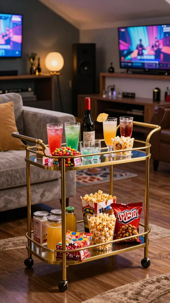 12 Attic Media Room Ideas for a Sleek Immersive Entertainment Space - 9. Adding a Bar Cart for Snacks and Drinks 1