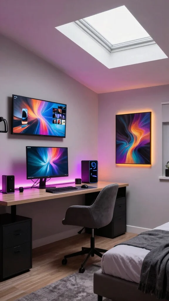 12 Attic Teen Bedroom Inspirations for a Cool Personalised Top-Floor Room - 7. Techy Teen Haven: Modern Smart Space 1