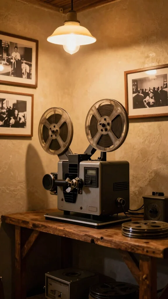 12 Attic Theater Room Ideas for a Cinematic Immersive Top-Floor Experience - 1. Vintage Film Projector as the Centerpiece 1