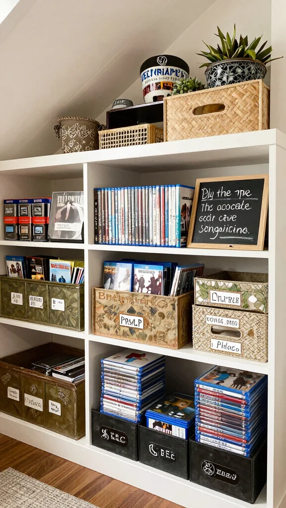 12 Attic Theater Room Ideas for a Cinematic Immersive Top-Floor Experience - 11. Personalized Film Library 1