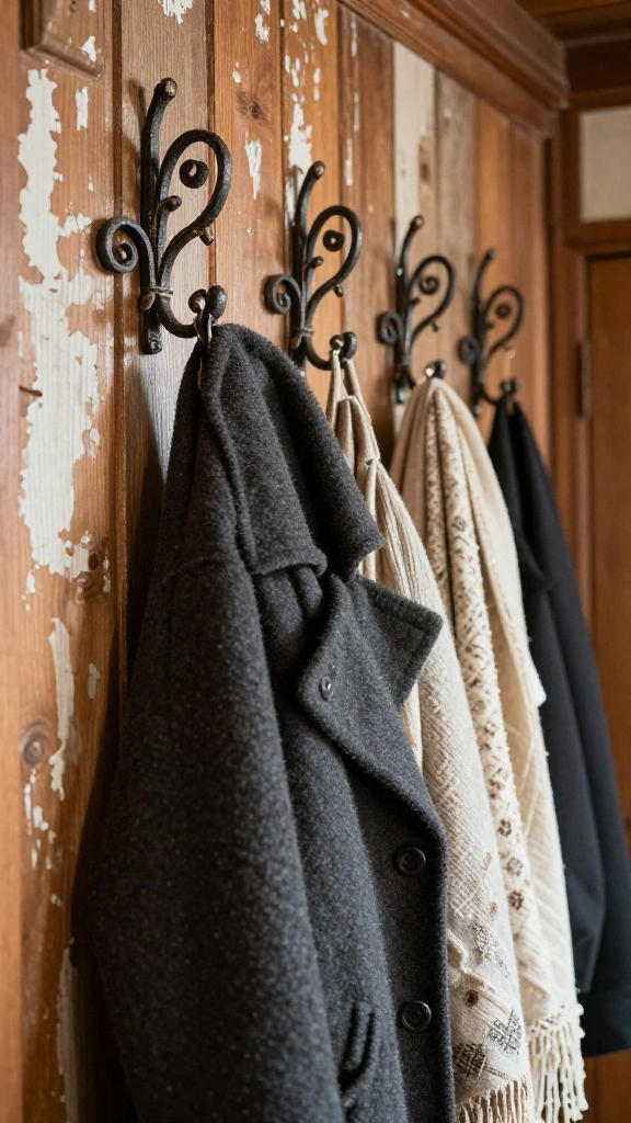 12 Entryway Hook Ideas for Coats, Bags, and an Organised Entrance - 1. Ornate Wrought Iron Hooks 1