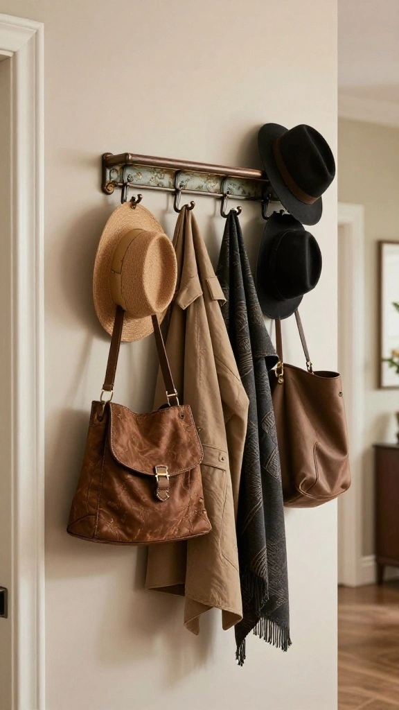 12 Entryway Hook Ideas for Coats, Bags, and an Organised Entrance - 12. Multi-Hook Rack with a Vintage Finish 1