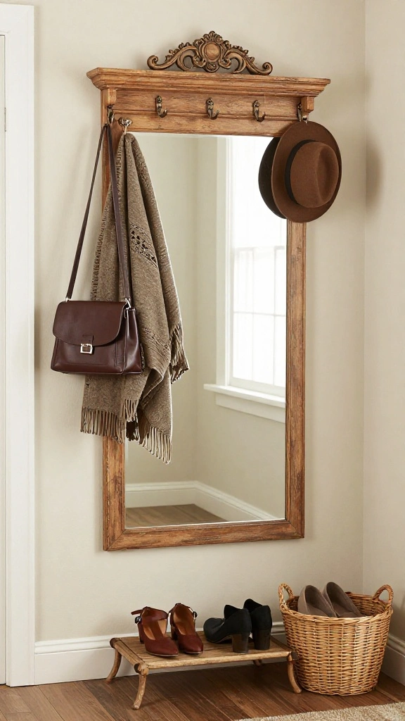 12 Entryway Hook Ideas for Coats, Bags, and an Organised Entrance - 7. Vintage Style Coat Rack with Mirror 1