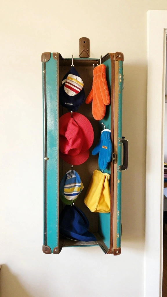 12 Entryway Hook Ideas for Coats, Bags, and an Organised Entrance - 9. Vintage Suitcase Hooks 1