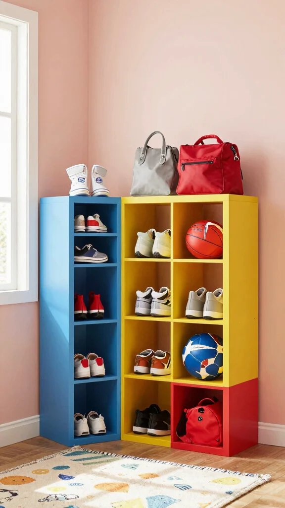 12 Entryway Kids Organization Ideas for a Tidy Family-Friendly Entrance - 1. Colorful Cubbies for Shoes and Gear 1