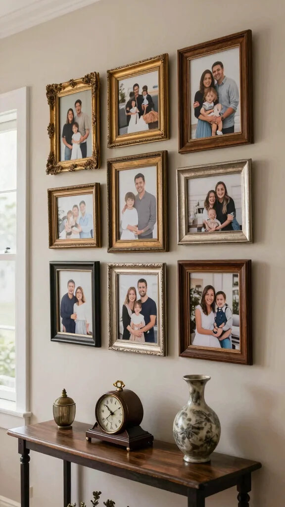 12 Entryway Photo Wall Concepts for a Personal Memory-Filled Display - 5. Vintage Frames with Modern Photos 1