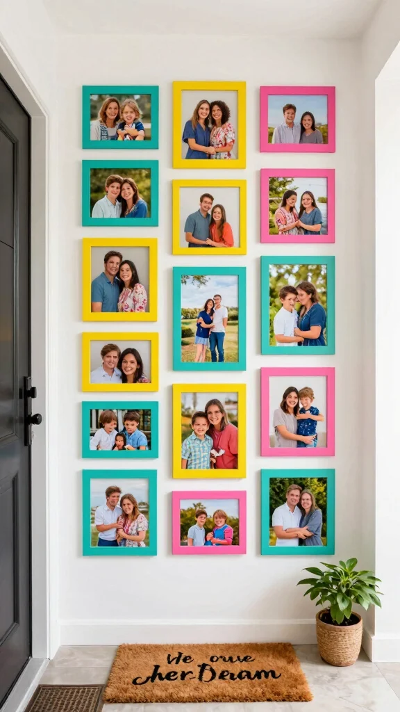 12 Entryway Photo Wall Concepts for a Personal Memory-Filled Display - 6. Colorful Collage 1