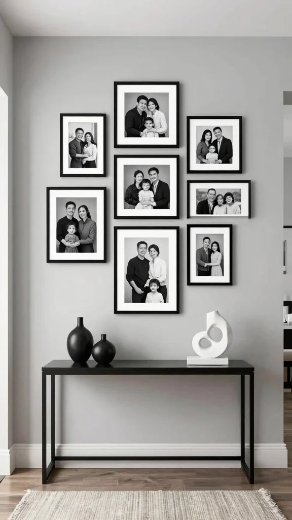 12 Entryway Photo Wall Concepts for a Personal Memory-Filled Display - 7. Monochrome Magic 1