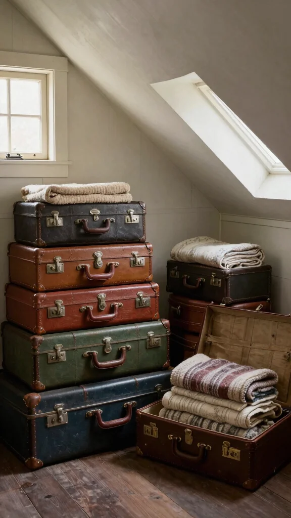 13 Attic Eaves Storage Ideas That Maximise Every Hidden Inch - 9. Stylish Trunks and Suitcases 1