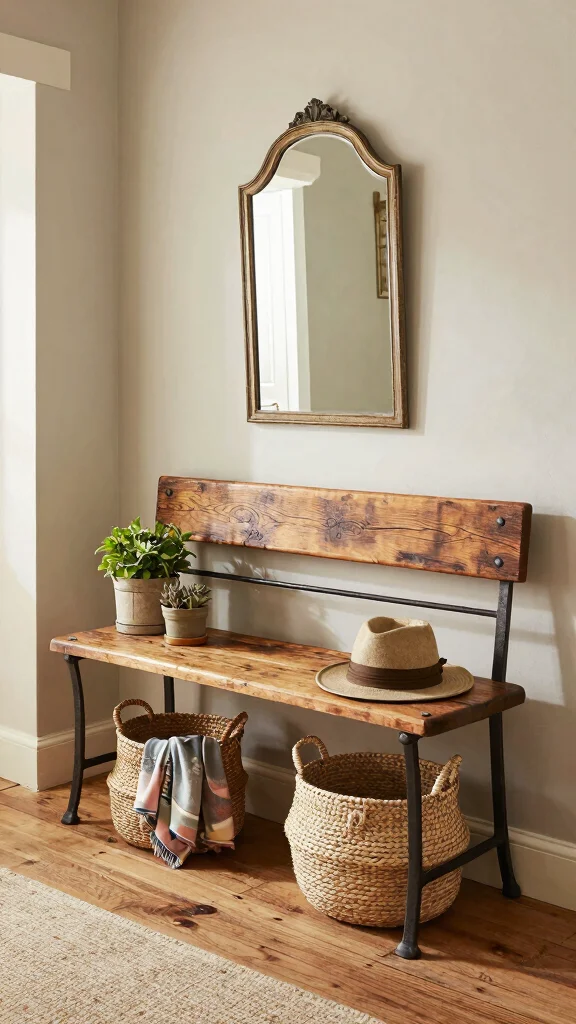 13 Entryway Bench Concepts That Are Both Beautiful and Practical - 2. Rustic Farmhouse Bench 1