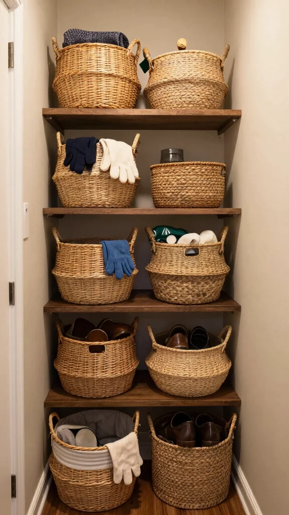 13 Entryway Closet Ideas for a Tidy Organised Entrance Space - 5. Baskets and Bins 1