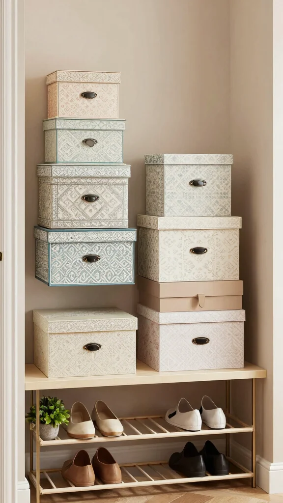 13 Entryway Organisation Ideas for a Tidy Functional Beautiful Space - 11. Decorative Storage Boxes 1
