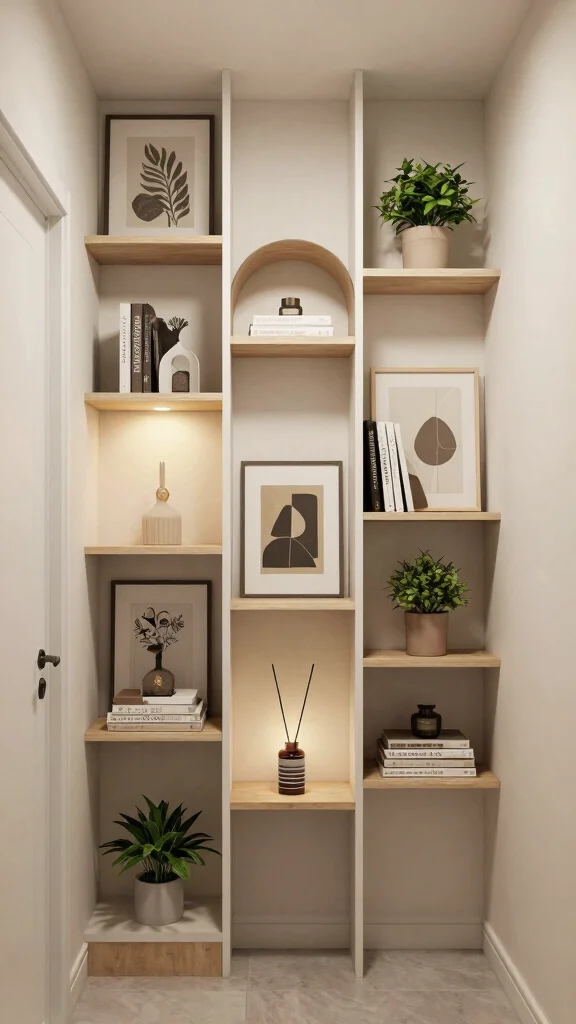 13 Hallway Built-In Ideas for a Seamless Custom Storage and Display - 13. Artistic Divider Shelves 1